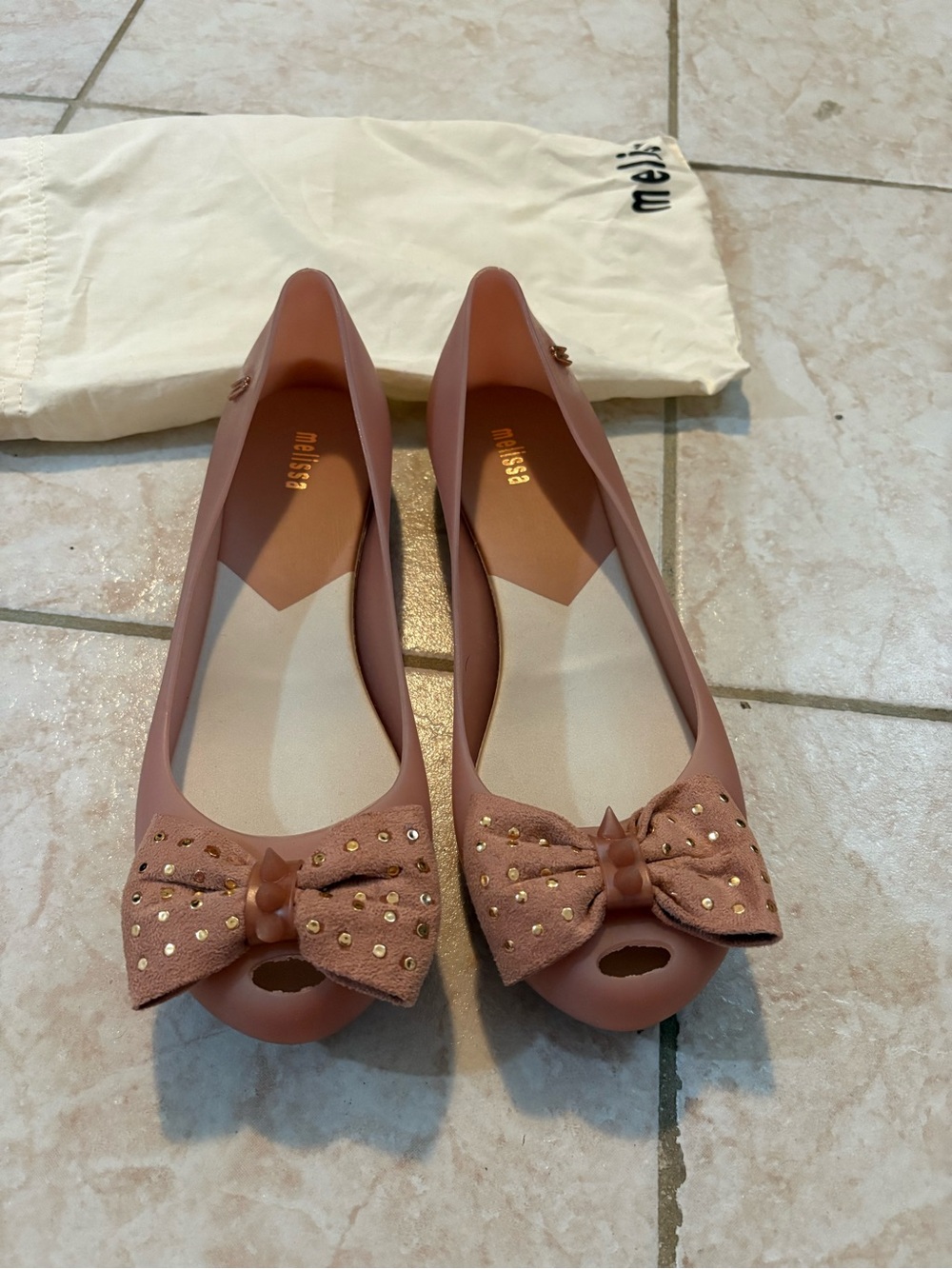 Melissa Women’s Dusty Rose Bow Peep-Toe Flats
